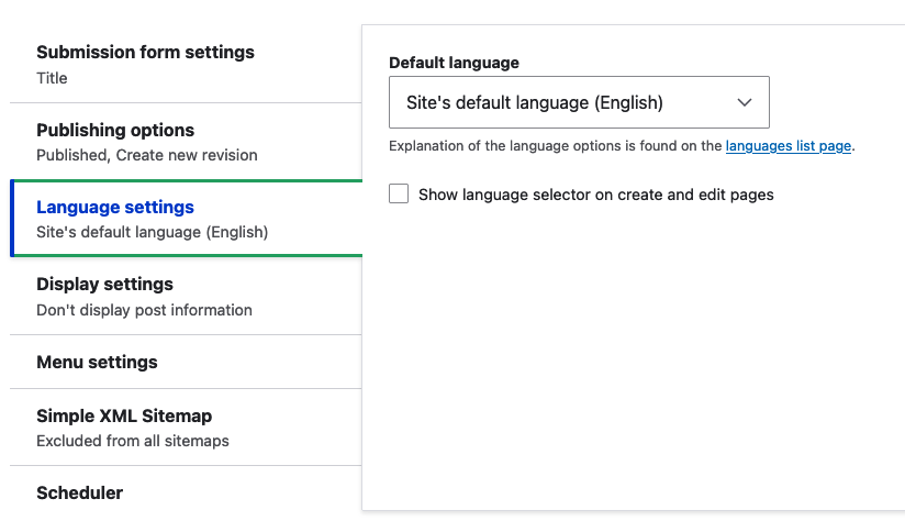 Drupal admin interface showing the Show language selector checkbox